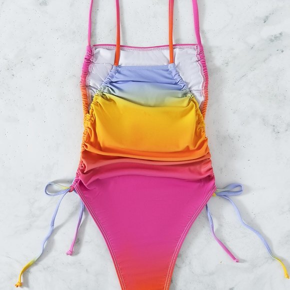 New Ombre Drawstring Side One Piece Swimsuit Rainbow - Picture 6 of 6